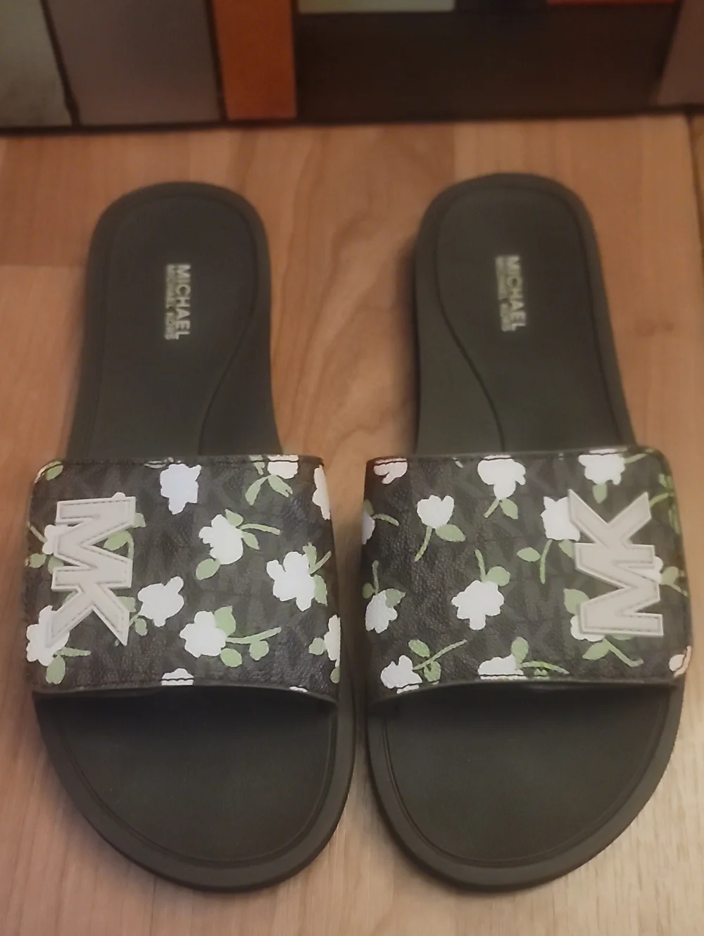 Michael Kors Black Floral MK Logo Slide Sandals